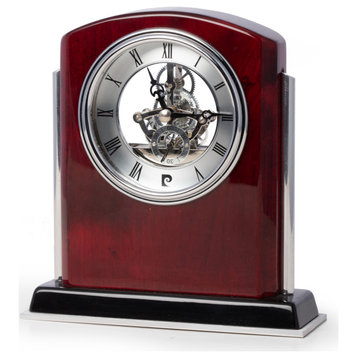 Lacquered Mahogany Wood Skeleton Movement Clock, Stainless Steel Accents