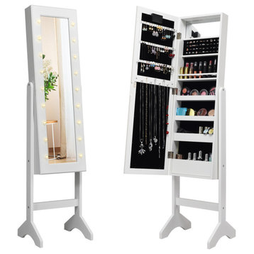 Costway Mirrored Jewelry Cabinet Organizer Free Standing w/ 18 LED lights White
