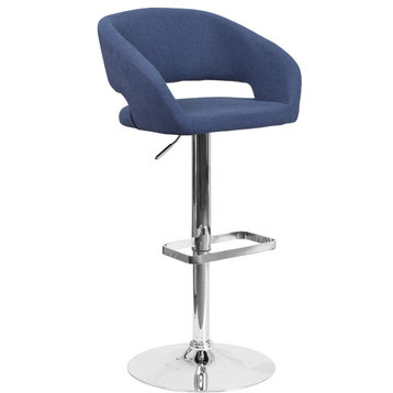 Adjustable Height Barstool With Chrome Base, Blue, Fabric