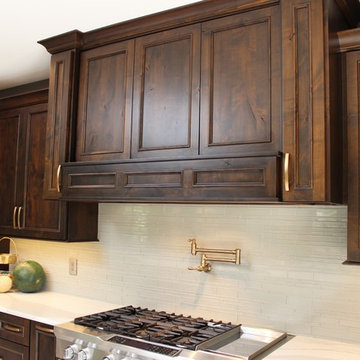 Rustic Alder Gray Stained Kitchen with White Hutch and Island