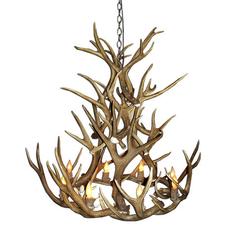 Real Shed Antler Mule Deer Royal Crown Chandelier, With Rawhide Shades