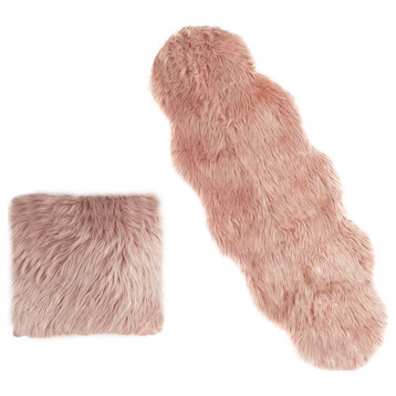 22" Faux Fur Decorative Pillow Insert and Cover Set Includes Plush Sheepskin Rug, Pink