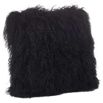 Mongolian Lamb Fur Poly Filled Throw Pillow, Black, 20"x20"