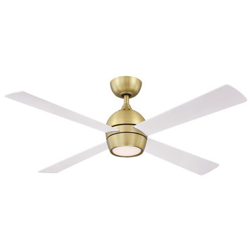 Kwad, 52" Brushed Satin Brass With Matte White Blades and LED Light Kit