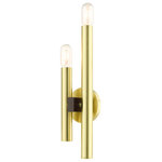 Livex Lighting - Satin Brass Mid Century Modern, Urban, Scandinavian, Double Sconce - The dramatic lines of the Helsinki collection remind of early modern Scandinavian style. The massive candles rise on the contrasting bar at different heights dynamically emulating the shape of a city skyline. This double light exposed bulb sconce comes in a satin brass finish accented with a bronze finish bar. Great for any space where dramatic statement is needed such as a bathroom, hallway, dining room, living room or bedroom.