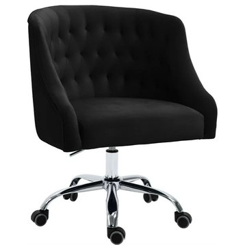 Elegant Office Chair, Velvet Seat & Buttonless Tufted Round Back, Black/Gold