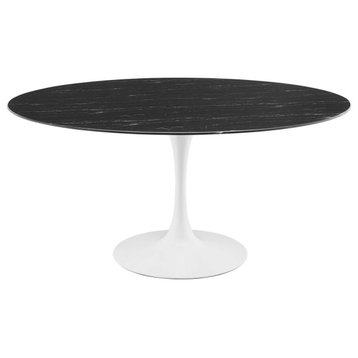 60" Dining Table, Round, Black White, Artificial Marble, Metal, Modern