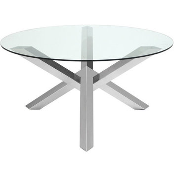Costa Glass Round Dining Table by Nuevo, Polished Stainless Steel, Large, 72"