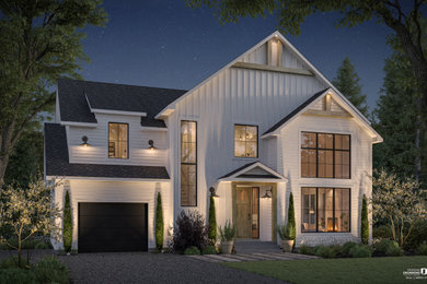 Mid-sized farmhouse white two-story mixed siding and board and batten exterior home idea in Montreal with a shingle roof and a gray roof