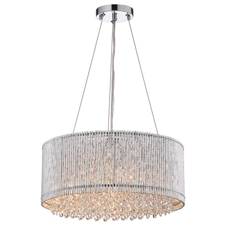 Pamina 4-Light Chrome Tubes Drum Shade Chandelier With Hanging Crystals Glam