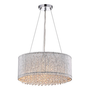 Pamina 4-Light Chrome Tubes Drum Shade Chandelier With Hanging Crystals Glam