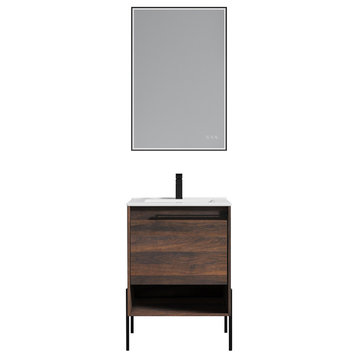 Freestanding Bathroom Vanity Set, Open Shelf, Cali Walnut, 24'' With Ceramic Sink