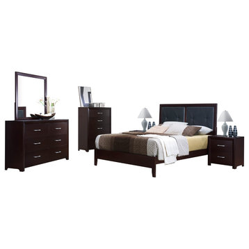 6-Piece Earnest Queen Bed, 2 Nightstand, Dresser, Mirror, Chest Espresso