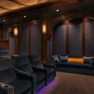 Design ideas for a classic enclosed home cinema in St Louis with carpet and multi-coloured floors.