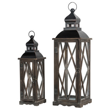 Farmhouse Wood Metal Lanterns Set of 2, Black