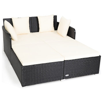 Costway Outdoor Patio Rattan Daybed Pillows Cushioned Sofa Furniture Biege