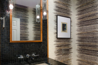Inspiration for a small modern glass tile marble floor and gray floor bathroom remodel in Richmond with flat-panel cabinets, brown cabinets, a wall-mount toilet, an undermount sink and granite countertops