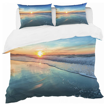 Blue Seashore With Distant Sunset Coastal Duvet Cover, King