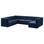 Meridian Furniture - Quincy Velvet Upholstered 7-Piece U-Shaped Modular Sectional, Navy - Show them all that less is more with the minimalist look of this Quincy velvet cloud-like comfort modular sectional. This elegant chair features a simple design that's all about comfort and modern style. The soft navy velvet upholstery is sleek to the touch, and the back of the unit features deep horizontal channel tufting for a look that wows. Because this is a modular seating option, you can pair it easily with other items in the Quincy collection to create a look you love. Latches underneath make it easy to mix and match items from the collection.