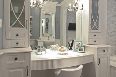 Inspiration for a large traditional master bathroom in Calgary with raised-panel cabinets, white cabinets, a drop-in tub, gray tile, matchstick tile and grey walls.