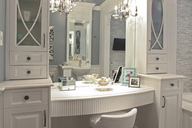 Large elegant master gray tile and matchstick tile drop-in bathtub photo in Calgary with raised-panel cabinets, white cabinets and gray walls