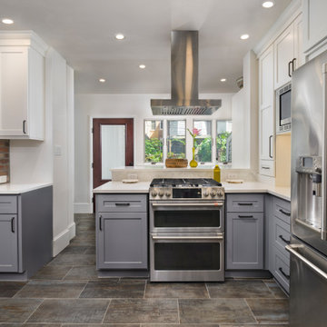 Modern Transitional Two-Tone Kitchen Remodel | White & Gray Cabinets, Brick