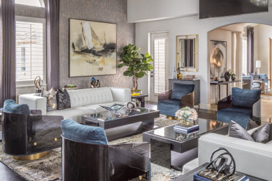 Example of a huge transitional galley dark wood floor and brown floor wet bar design in Houston with open cabinets, dark wood cabinets, marble countertops and black countertops
