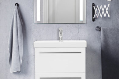 Imagen de cuarto de baño único y flotante minimalista con armarios tipo mueble, puertas de armario blancas, lavabo encastrado, encimera de acrílico y encimeras blancas