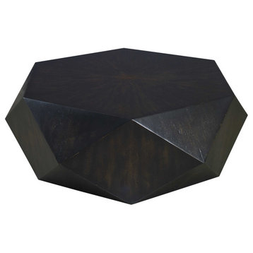 Geometric Modern Round Wood Coffee Table Faceted 40" Block Solid Distressed