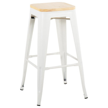 Oregon Contemporary Barstool, White Steel/Natural Wood, Set of 2