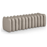 Meridian Furniture - Atticus Upholstered Bench, Taupe, Vegan Leather - A bold and modern statement piece is the Atticus taupe vegan leather upholstered bench that will elevate any room. Its unique, segmented design adds visual interest, while the plush taupe vegan leather upholstery provides comfort and style. Perfectly versatile, this bench is an eye-catching addition to your home.