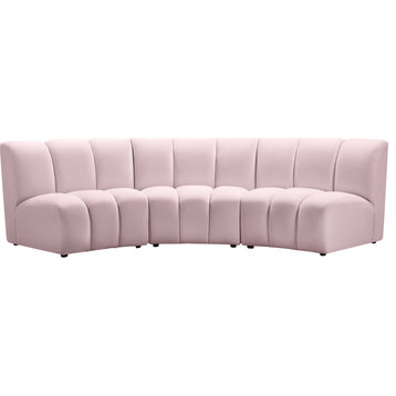 Infinity Channel Tufted Velvet Upholstered Modular Chair, Pink, 3 Piece