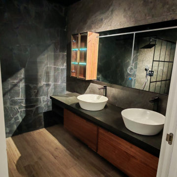 Ensuite Bathroom Close-Up – Solid Wood Base Double Vessel Sink Bathroom Cabinet