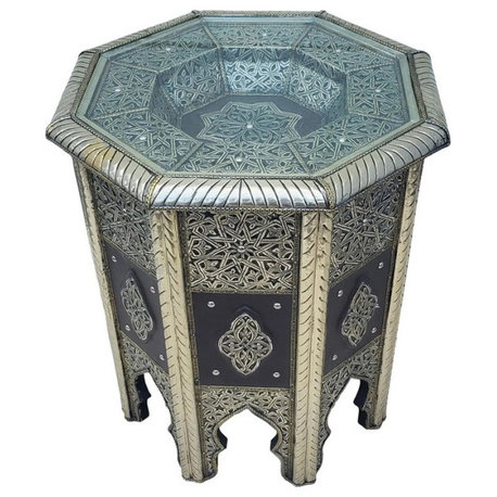 Moroccan Metal Inlay and Leather End Table, Octagonal Shape