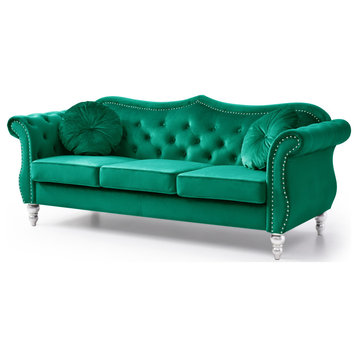 Hollywood 68" Velvet Chesterfield Loveseat With 2 Throw Pillows, Green