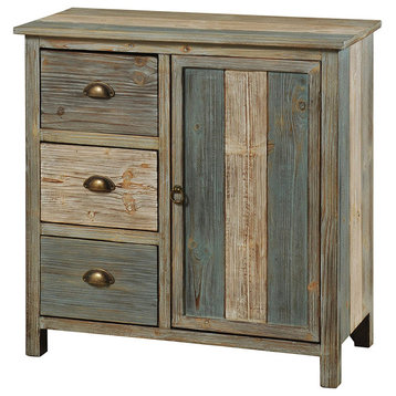 Transitional Storage Cabinet, Single Door & 3 Spacious Drawers, Blue & Grey