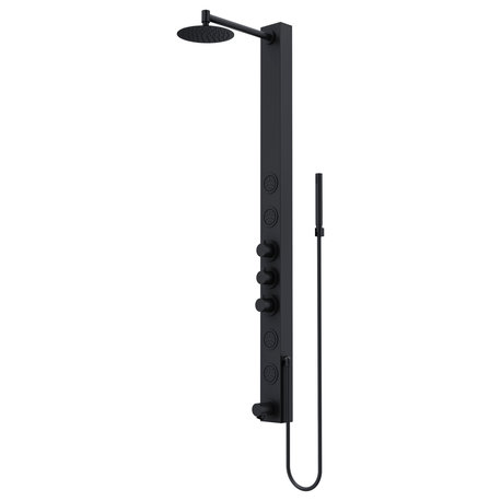 Bowery 58" H x 4" W 4-Jet Shower Panel with Round Shower Head and Tub Filler, Matte Black