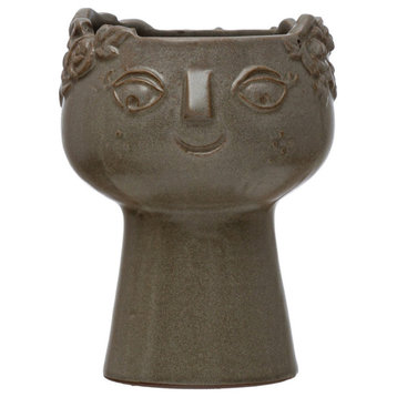 Stoneware Planter With Face, Reactive Glaze, Charcoal