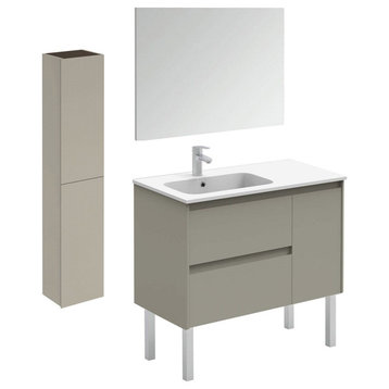 Ambra 90F Pack 2 Freestanding Bathroom Vanity w/ Mirror & Column in Matte Sand