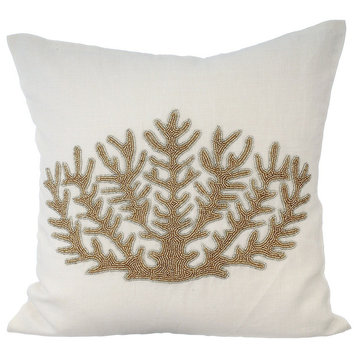 Ivory Throw Pillow Covers 16"x16" Cotton, Gold Coral Hunt