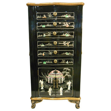 Oriental Jewelry Armoire Black Lacquer and Inlaid