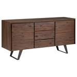 Simpli Home - Lowry Sideboard Buffet, Distressed Charcoal Brown - Elevate modern dining with the clean lines of the Modern Industrial Lowry Sideboard Buffet handcrafted from Solid Acacia Wood and Metal. The refined design provides generous storage behind drawers and doors with hidden self-pulls, creating a streamlined look. Metal legs provide a mixed-material accent. Each door conceals an adjustable shelf.