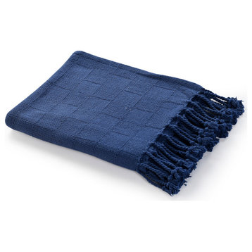 Checkered Weave Throw Blanket with Fringe, Navy Blue