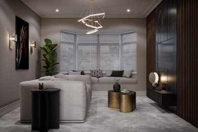 Mid-sized trendy living room photo in Other with white walls and a media wall