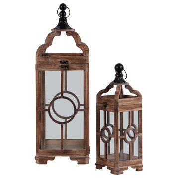 Lanterns With Finial Top, Ring Handle and Circle Design, 2-Piece Set