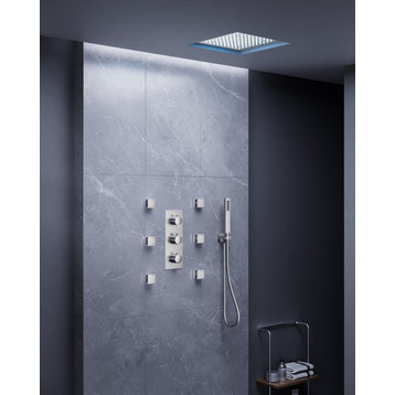 LED Shower System High Pressure Shower Head with 3-Way Thermostatic Valve, Brushed Nickel, 12", 6 Body Jets