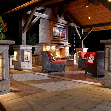 Unilock Brussels Block outdoor living room with Brussels Dimensional fireplace