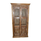 Mogul Interior - Antique Brown Armoire Wardrobe With Open Iron Jali Design - Armoires And Wardrobes