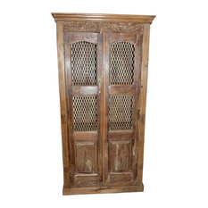 Mogul Interior - Antique Brown Armoire Wardrobe With Open Iron Jali Design - Armoires and Wardrobes