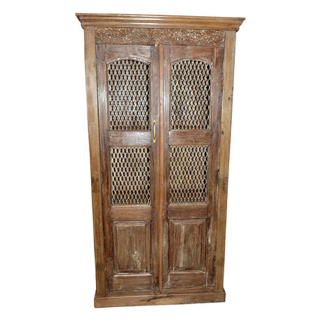 Mogul Interior - Antique Brown Armoire Wardrobe With Open Iron Jali Design - Armoires And Wardrobes